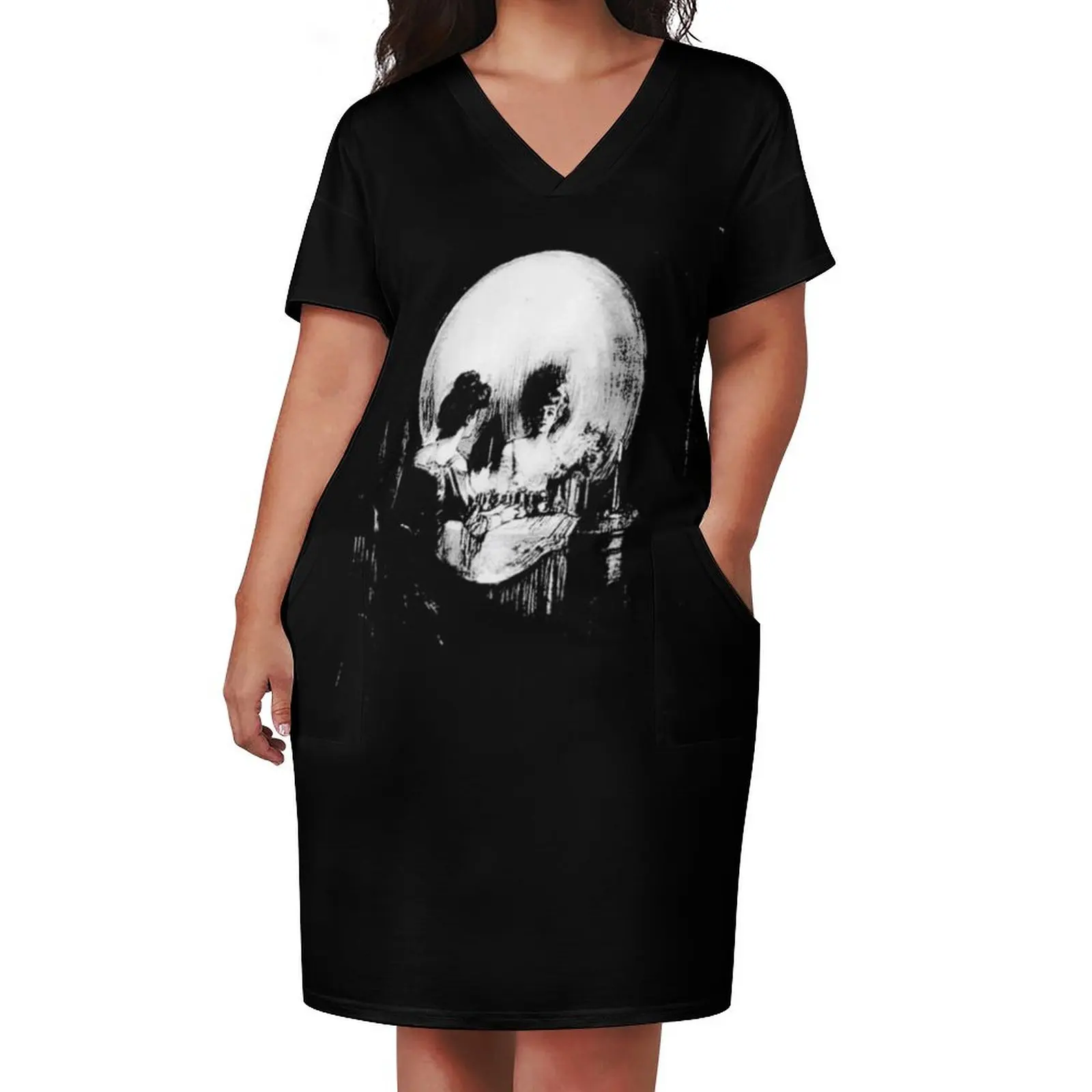 Woman with Halloween Skull Reflection In Mirror Loose Pocket Dress women formal occasion dresses evening dresses women