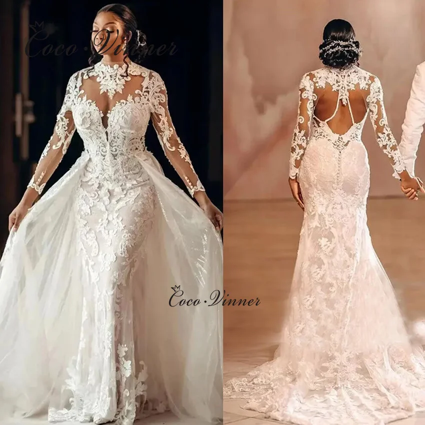 

Индивидуальное свадебное платье «Два в одном» в Африке 2025, со съемным хвостом, высоким воротником и длинными рукавами, кружевными аппликациями, свадебное платье W1458