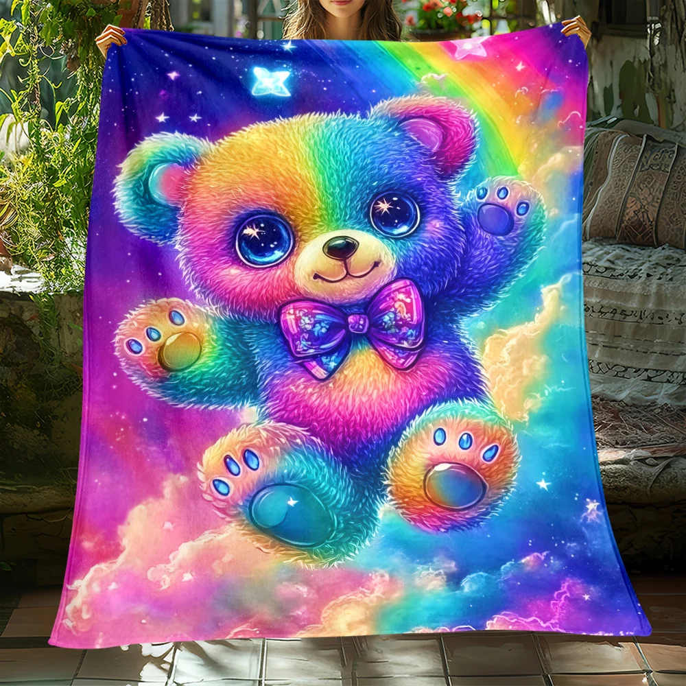 Rainbow Bear Sparkle Eyes Cosmic Clouds Galaxy Fleece Blanket Soft Flannel Throw Kids Room Decor Fun Colorful Gift Idea
