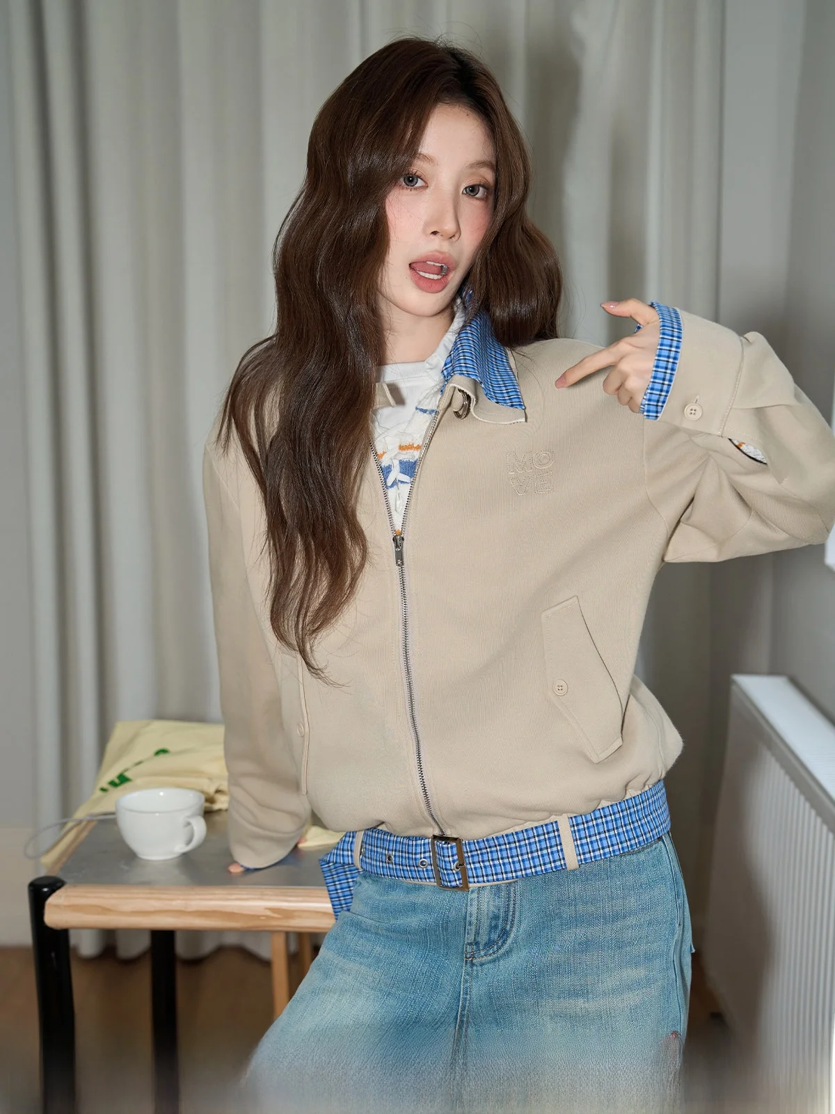 

Khaki Collared Zipper ort Jaet Women's Autumn Winter Small Size Patchwork Loose Casual Top Ladies Faion Casual Sle