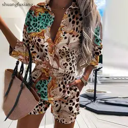 Casual Two Piece Sets Womens Outfits 2023 Spring Leopard Print Button Shirt Top And Shorts 2 Piece Set Summer Beach Shorts Women