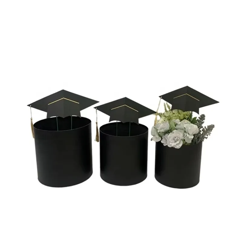Spot new round graduation cap, bucket holder 3-piece set, flower bucket tube gift box, smooth laminated box for graduation