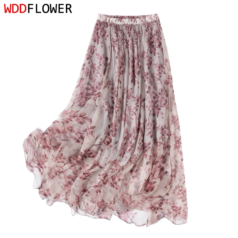 

Women Silk Skirt 100% Mulberry Silk Purple Rose Printed Long Type Skirt With Silk Lining Summer Beach Big Hem M1250