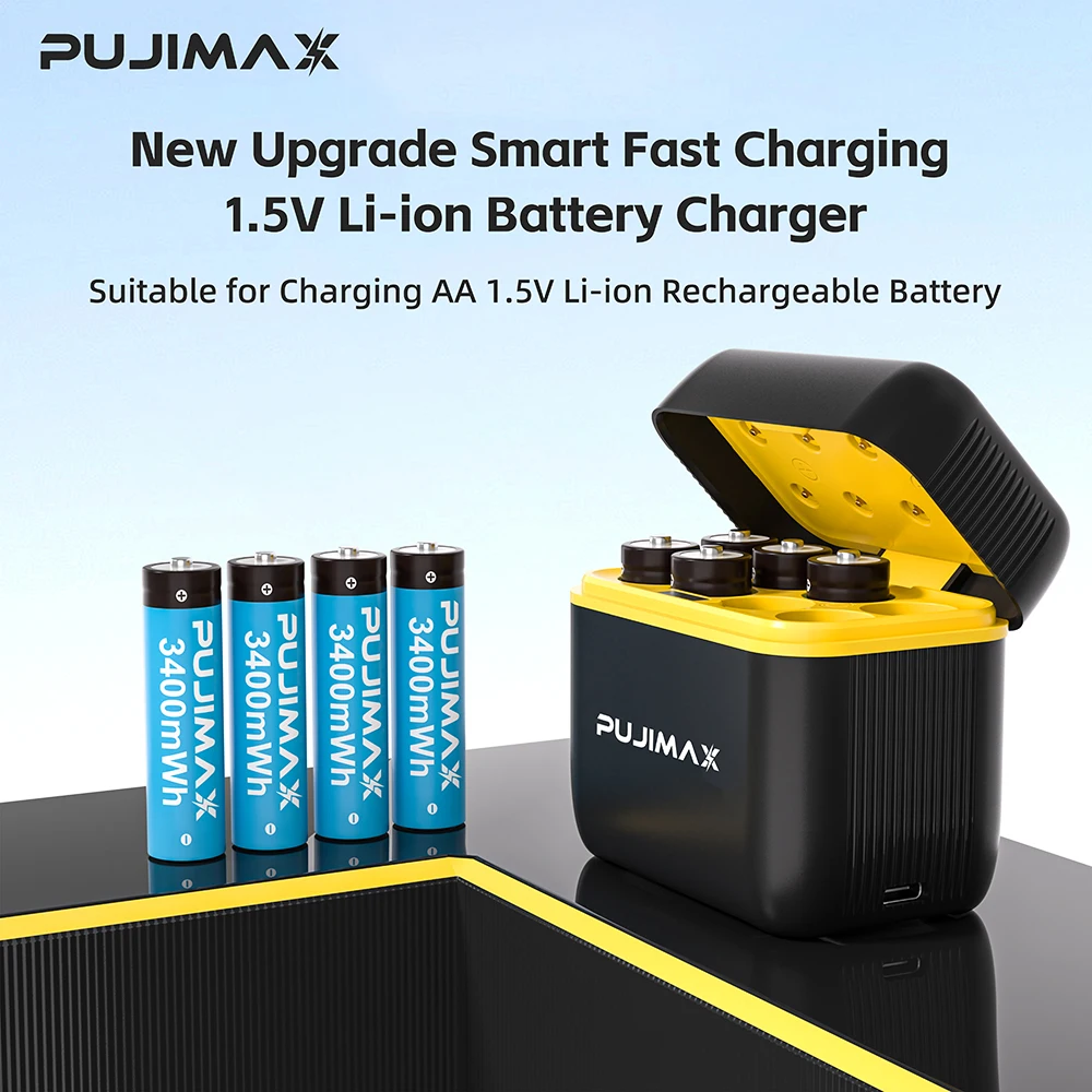 PUJIMAX 1.5V AA Rechargeable Batteries 8-slot AA Charger 3400mWh Li-ion Battery for Remote Control Mouse Computers Toy Clocks