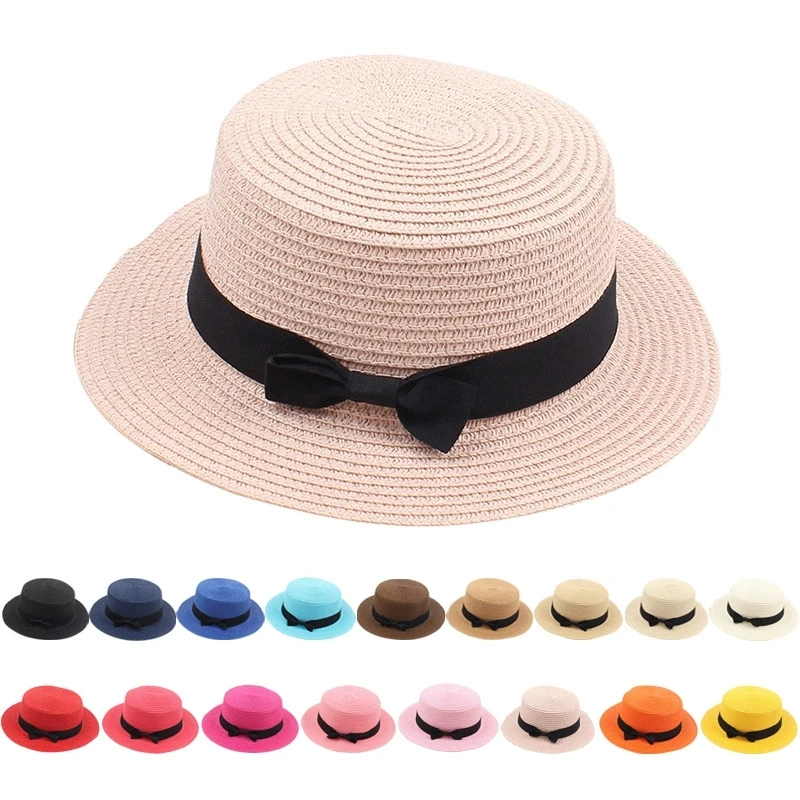 Damen-Sommerhut im britischen Stil, einfacher Strohhut mit kleiner Krempe, koreanischer Stil, Schleifenknoten, flacher Sonnenhut, beliebter Damen-Strohhut – Detail 1