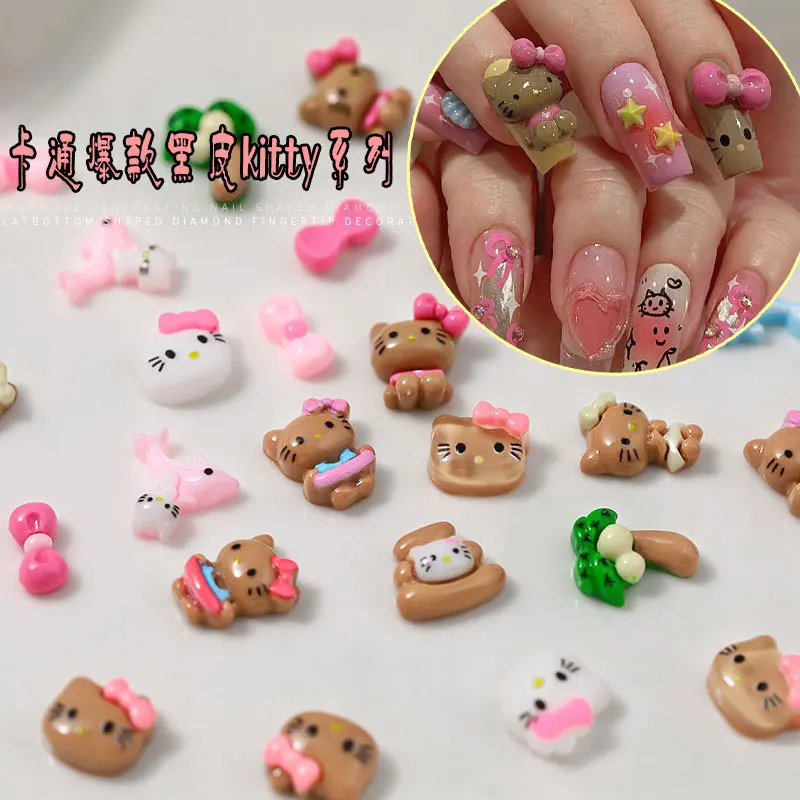 Mini gemas para manicura de uñas, 50 piezas, Hello Kitty, Gato caqui, dibujos animados, Kawaii, resina mixta, Y2K