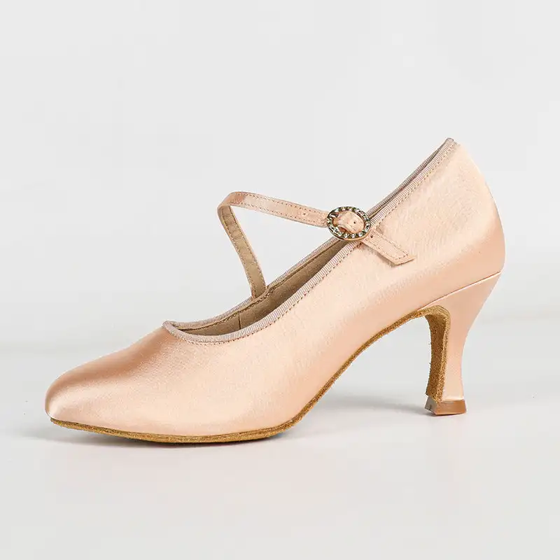 Zapatos de Baile Modernos Evk Champagne Satin para Mujer, con Hebilla de Cristal, Correa en T, Tacón Alto, para Salón de Baile, Salsa, Vals, Competencia