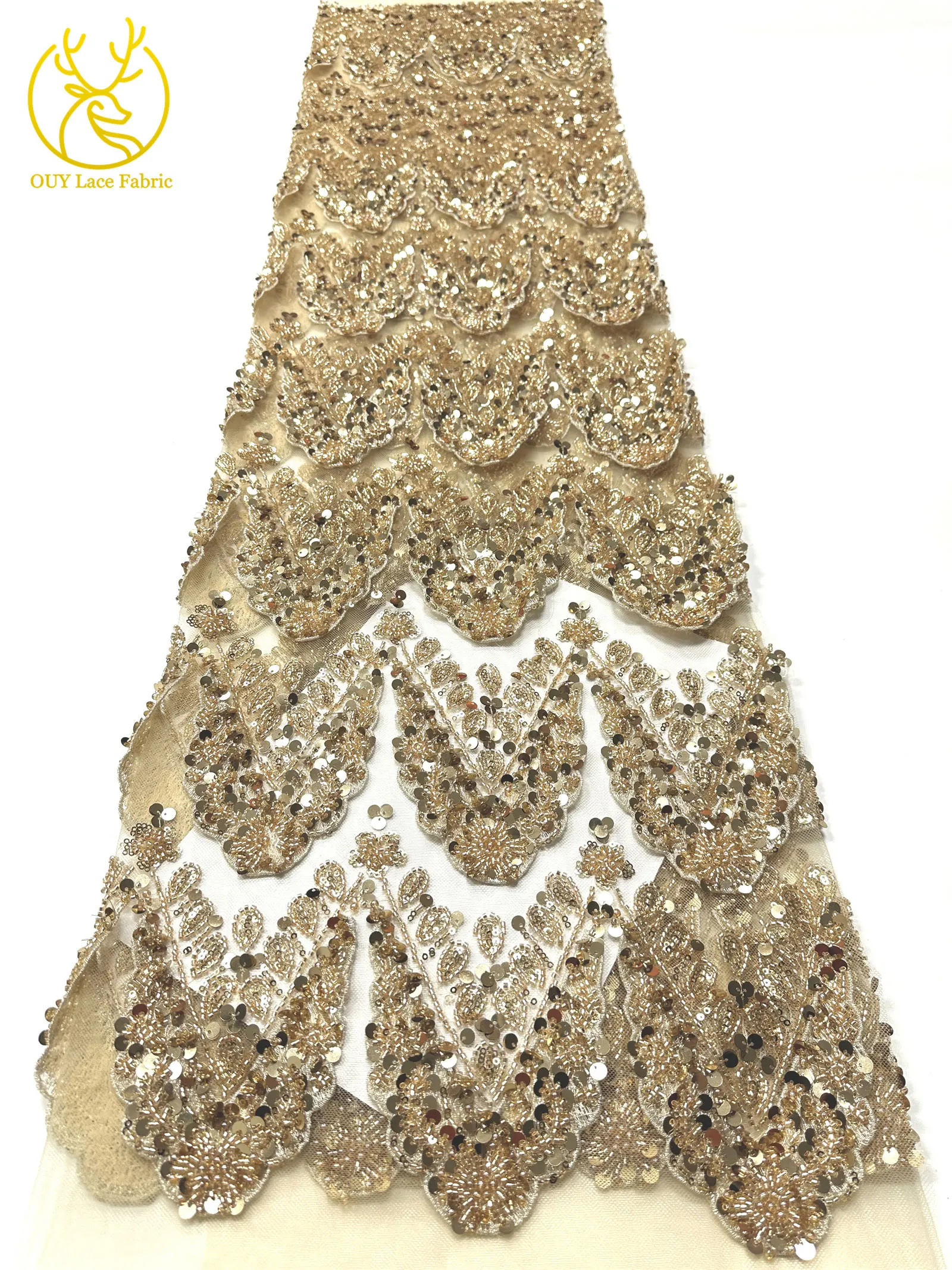 Hochwertiger luxuriöser französischer 3D-handbestickter Perlen-Spitzenstoff, 5 Yards, afrikanischer nigerianischer Pailletten-Spitzenstoff für Braut- und Partykleider – Detail 17