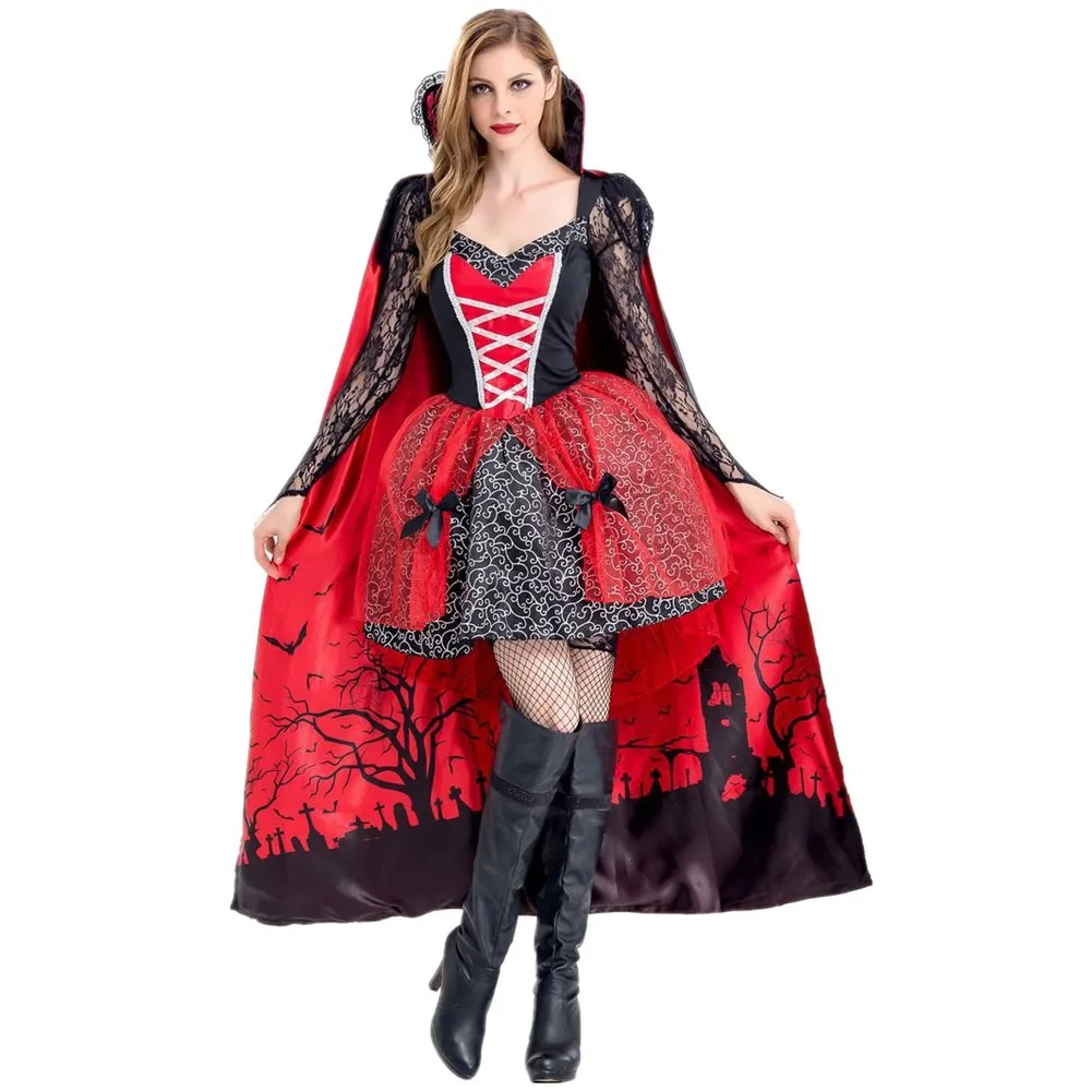 Cosplay Queen of Hearts Halloween Costumes for Women Princess Dress Movie Role Witches Palace Female Skirt Suit Christmas Cape