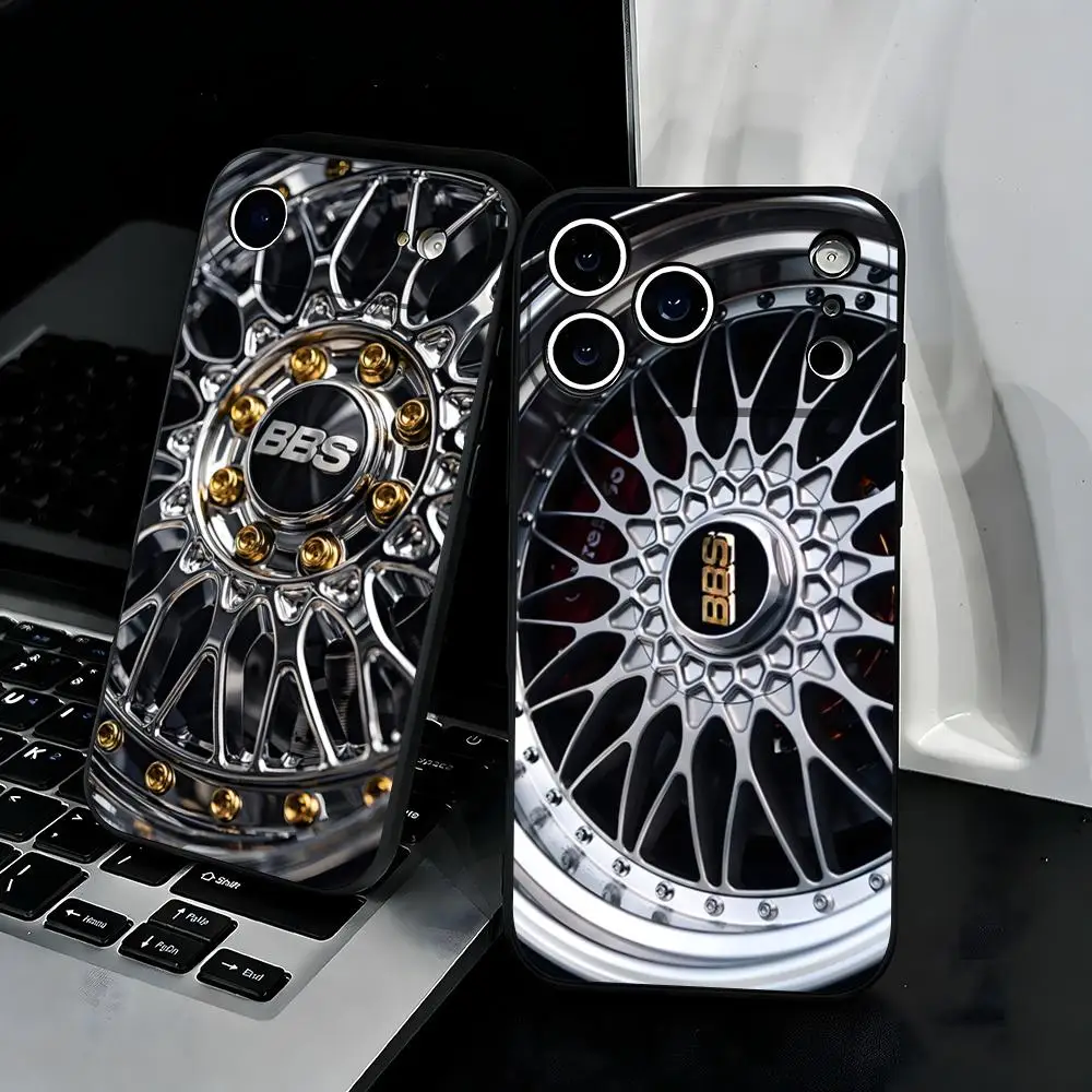 Funda de Teléfono con Diseño de Ruedas de Coche BBS para iPhone 17 Air 16 E Pro Max 15 14 13 Mini 12 Pro 11 Max Plus, Carcasa Suave Negra