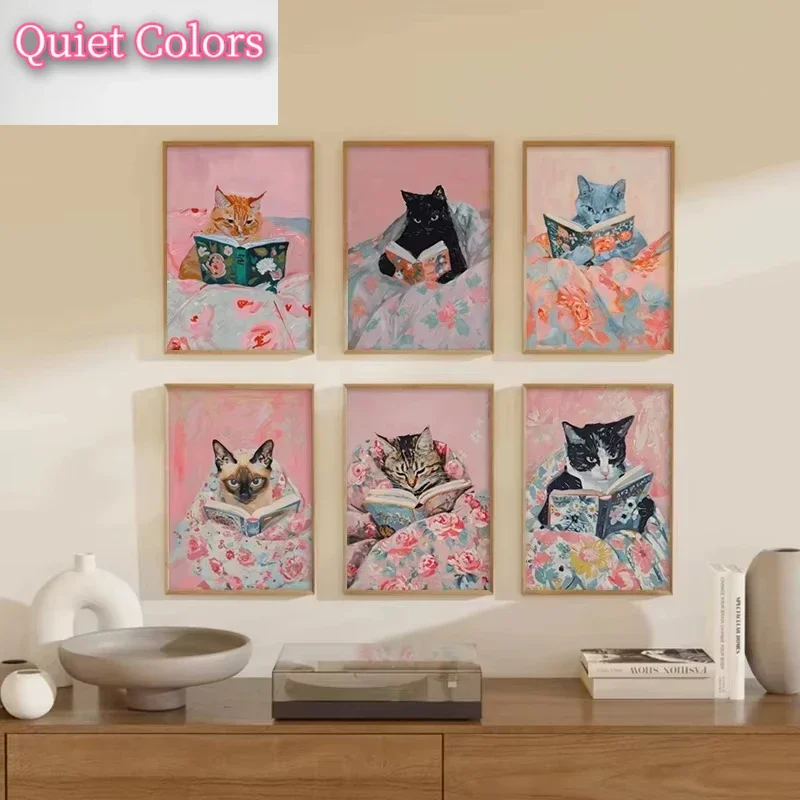 

DIY Oil Painting By Numbers Pink Cosy Cat Reading Books Home Decoration Wall Living Room Decor Best Friend Gift Frameelss--fram