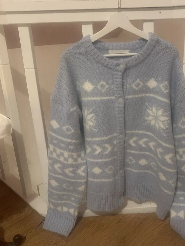 Blue Knitted Open Cardigan Women's Chic Winter Sweater Jaet Loose Fit Polyester Fiber Single Button Thiened Winter Outerwear