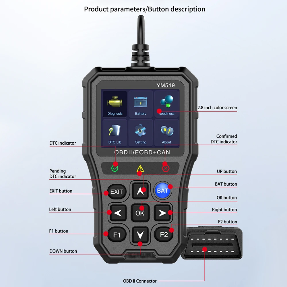 Battery Tester Check Engine System Fault Code Scanner Code Reader YM519 Multi-language Car Diagnostic Tool OBD2 Code Reader