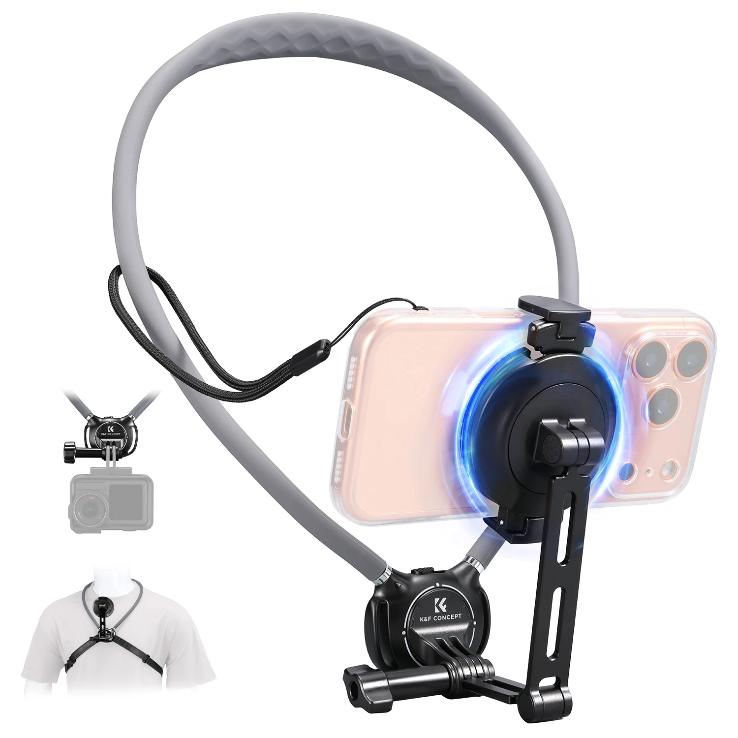 K&F CONCEPT Magnetic Neck Mount for Phones Neck Cell Phone Chest Stand for iPhone 18 17 16 Pro Max Samsung Xiaomi Huawei Phones