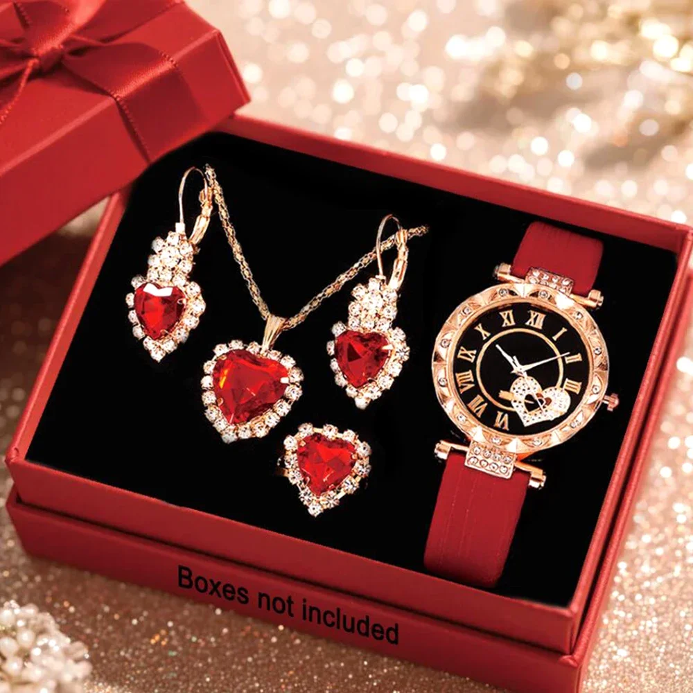5PCS elegant and romantic women's round dial quartz watches with necklace accessories set, suitable for daily wear