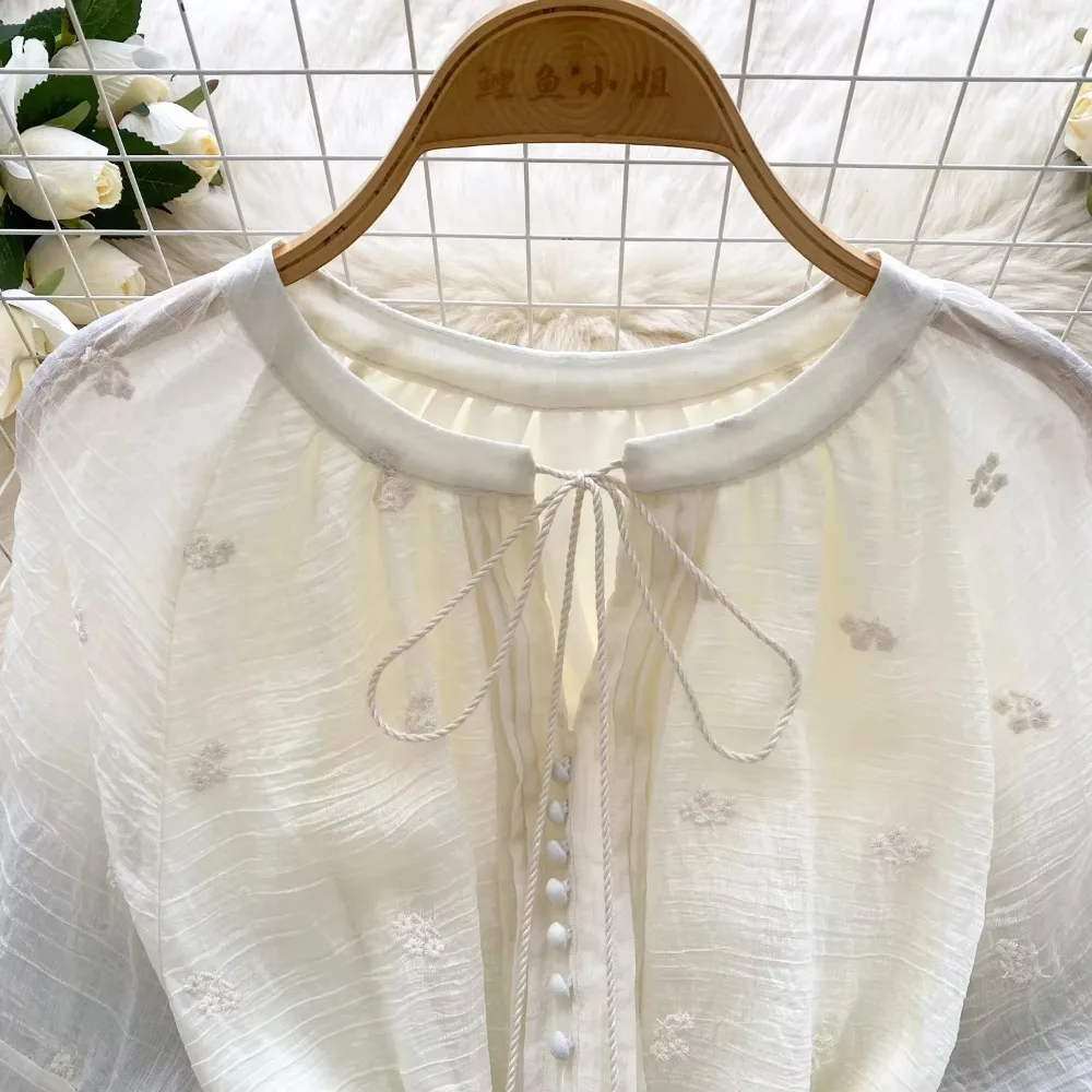 Sweet Embroidered O-neck Lace-up Vintage Lantern Long Sleeves Ruffle Slim Ball Gown Dresses French Vacation High Street Clothing