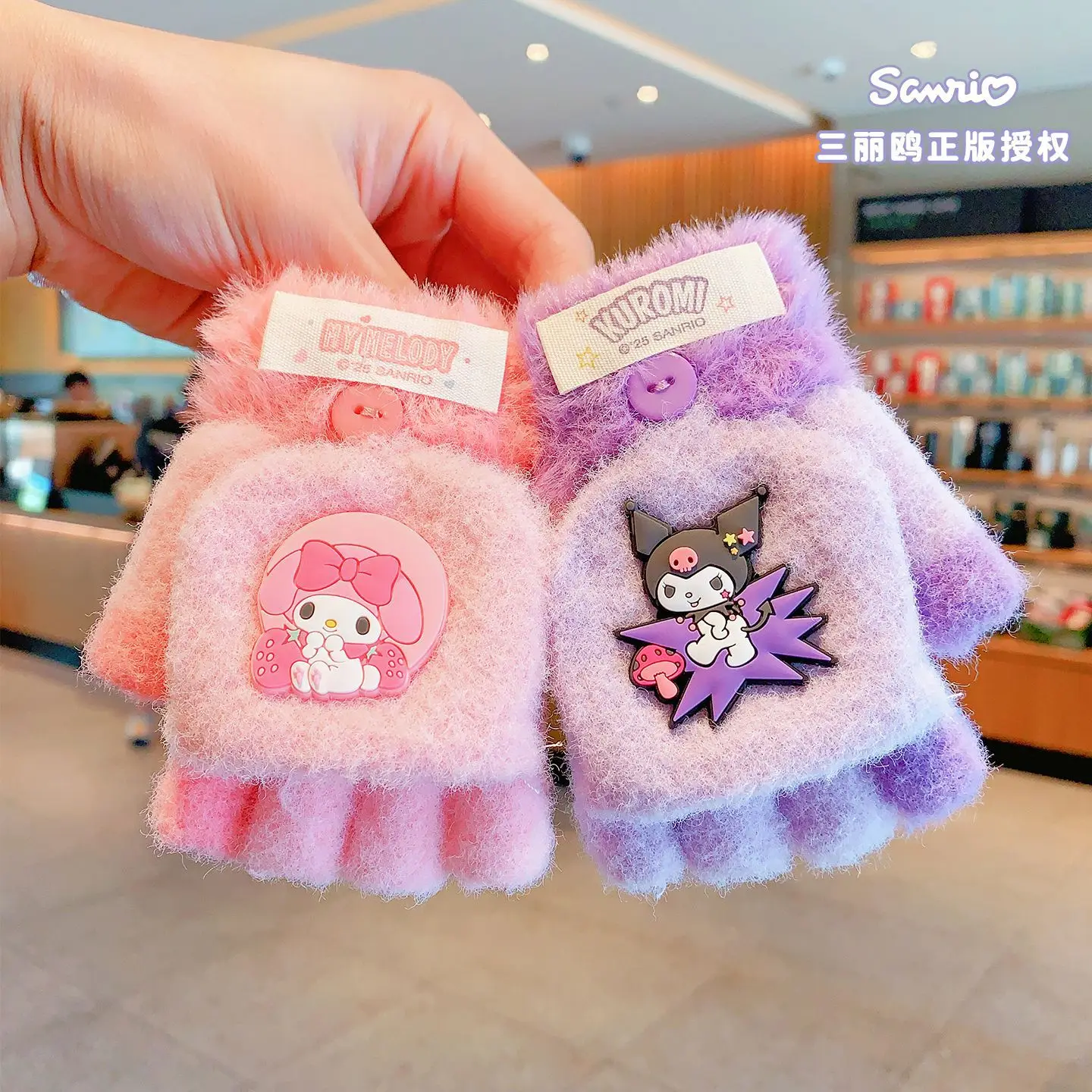 6-12years voor Hellokitty Flip-up Handschoenen Kind Kuromi Peuter Gebreide Handschoenen Outdoor Warm Houden Flip-up Handschoenen Meisje Kerstcadeau
