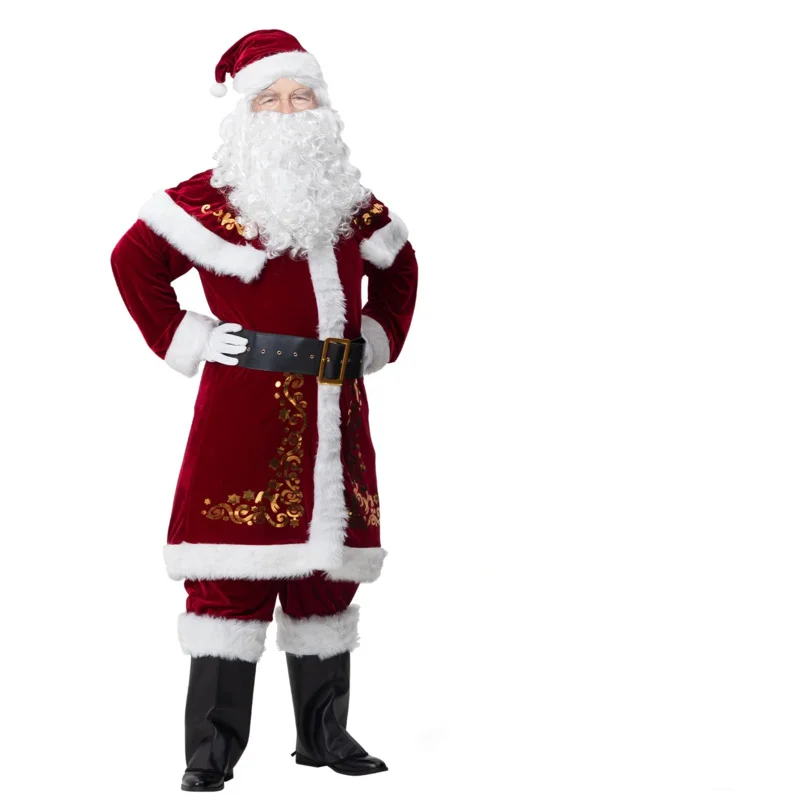 Santa Claus Costume Suit for Men Couples Deluxe Red Velvet Santa Dress Christmas Costumes for Women Holiday Party Cosplay Outfit