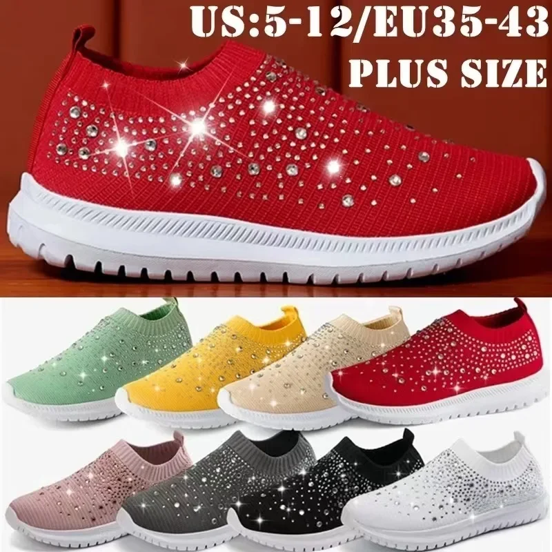 Women's Mesh Walking Shoes Rhinestone Glitter Slip On Ballroom Jazz Latin Dance Sock Sneakers Tennis Female Knitted Running Shoe