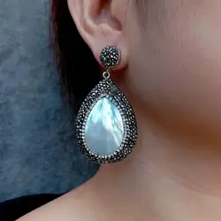 Y.YING Natural White Sea Shell Teardrop Black Crystal Pave Dangle Stud Earrings