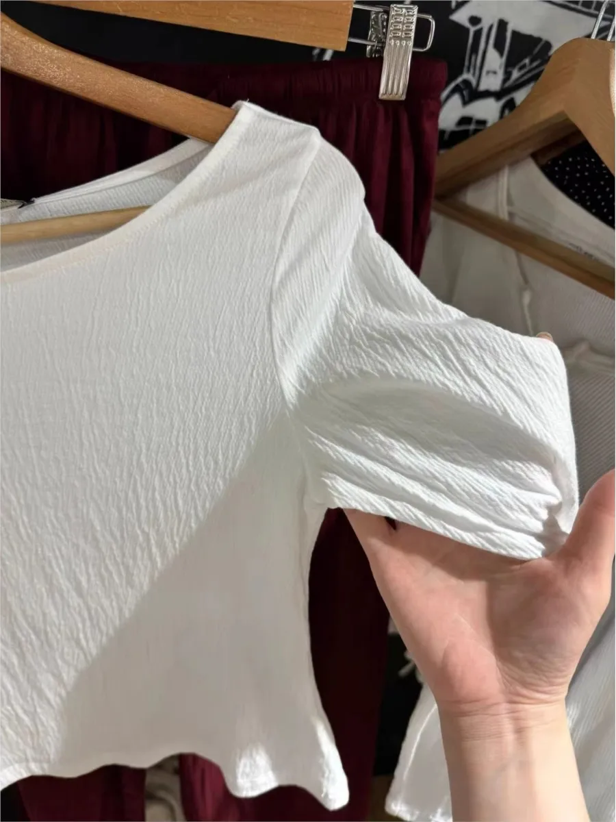 طيات الأبيض سليم كم طويل تي شيرت امرأة الربيع عادية مثير مائل الرقبة القطن الملمس تيز الحلو الأساسية بسيطة التي شيرت جديد OOTDS