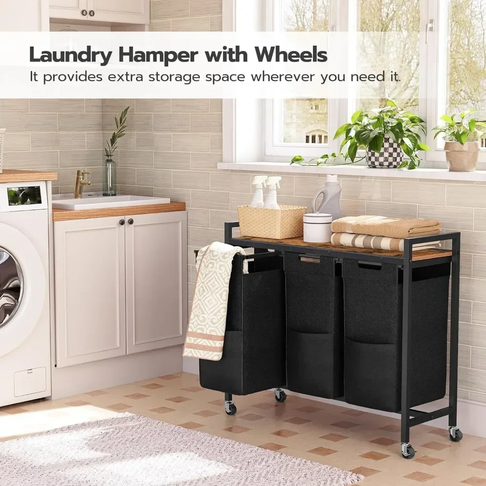 Laundry Sorter 3 Section, Laundry Hamper with Wheels,Rolling Laundry Basket, Pull-Out and Removable Oxford Fabric  Bags