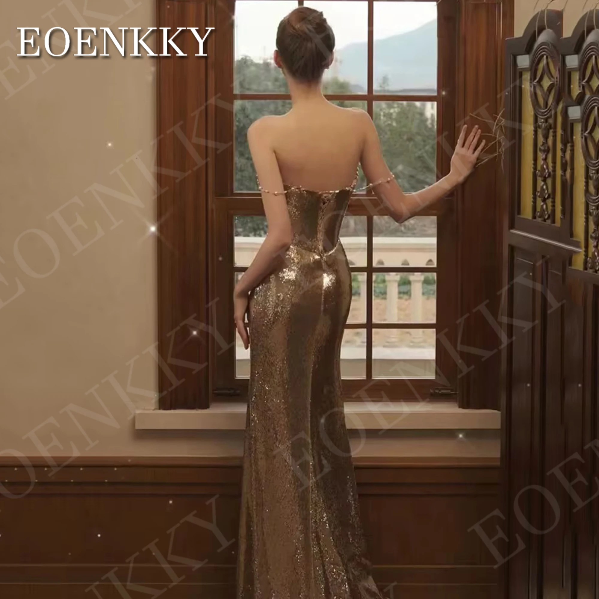 EOENKKY-vestido de noche dorado brillante para mujer elegante vestido de sirena con lentejuelas escote Corazón hombros descubiertos fiesta Brillante vestido de noche dorado dama elegante y lujosa lentejuelas sirena dul