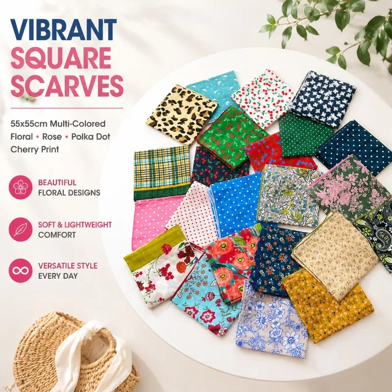

55x55cm Multi-Colored Floral Rose Polka Dot Cherry Print Square Scarf Headscarf Hairband Versatile Daily Use