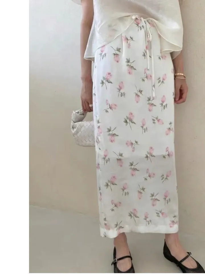 

Длинная юбка с милым цветочным принтом, женская юбка прямого кроя с эластичной талией, весенняя юбка до колен в корейском стиле