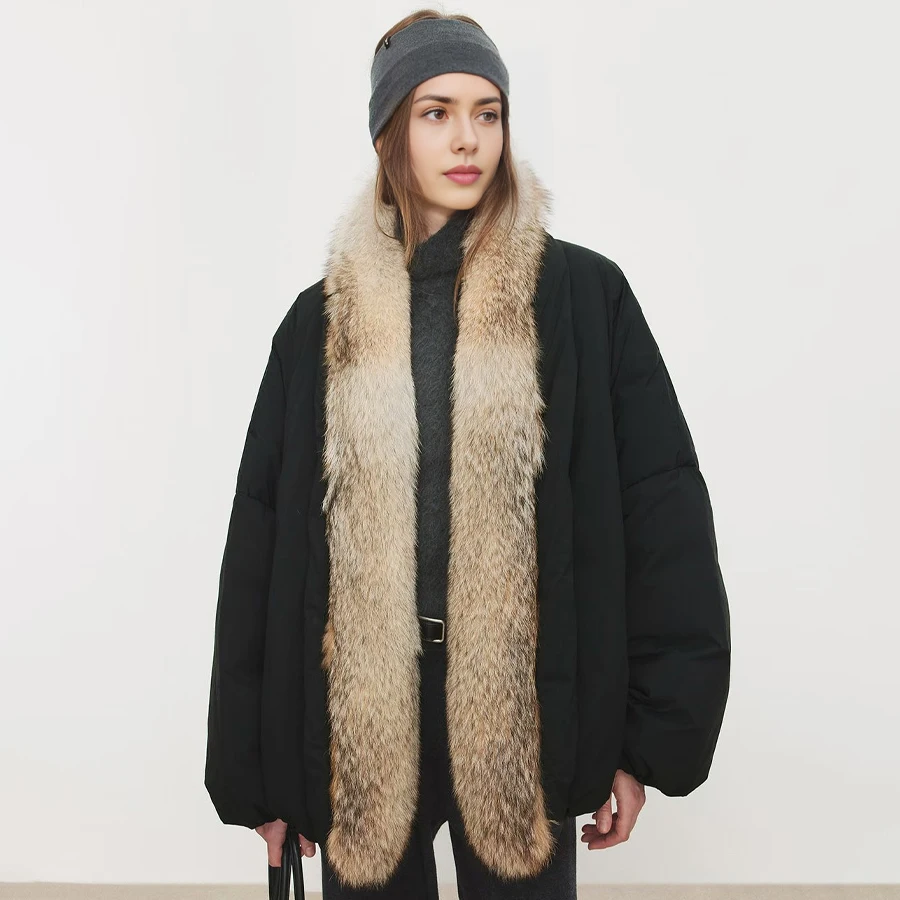 سترة شتوية نسائية من فراء الثعلب الحقيقي سترة منتفخة معطف فرو الثعلب الأصلي سترة فروي أنيقة #2