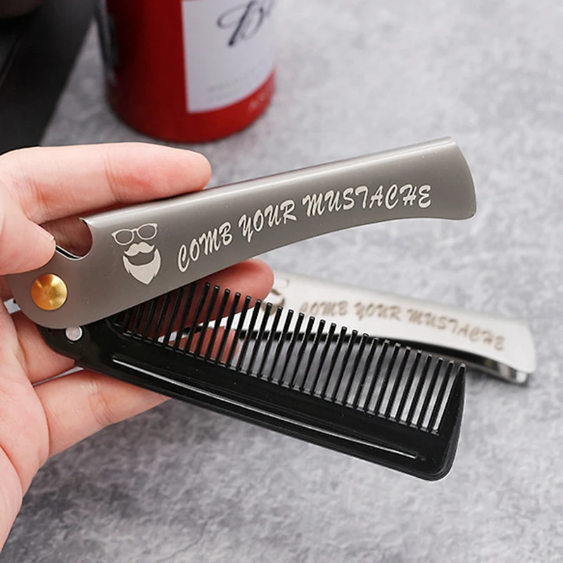 1 Pcs Men Folding Pocket Comb PP Teeth Detangling Hair Beard Comb Metal Handle Foldable Combing Facial Mustache Comb