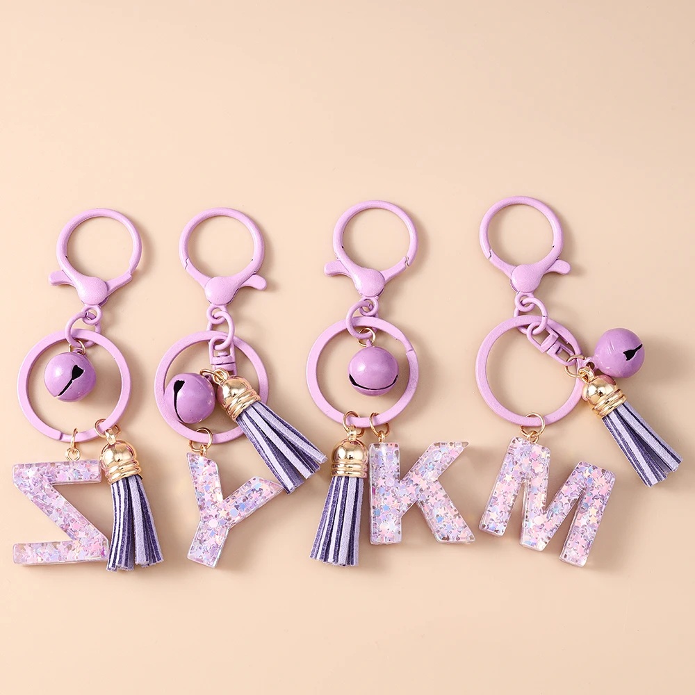Fashion Purple Tassel Alphabet Keychain 26 Initials Letter Key Ring for Women Girls Handbag Pendants DIY Handmade Jewelry Gifts