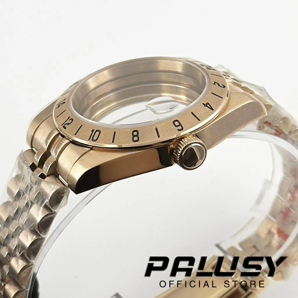 로즈 골드 익스플로러 사파이어 글래스 시계 케이스, GMT 고정 베젤 솔리드 글라이드 잠금 걸쇠, ETA2824 케이스, 24 시간, 39mm, NH34, NH35, NH36