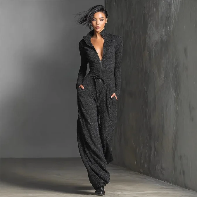 

Spring Casual Solid Slim Straight Jumpsuits Woman Elegant V Neck Zip Bodysuit Autumn Long Sleeve High Waist Pocket Sports Outfit