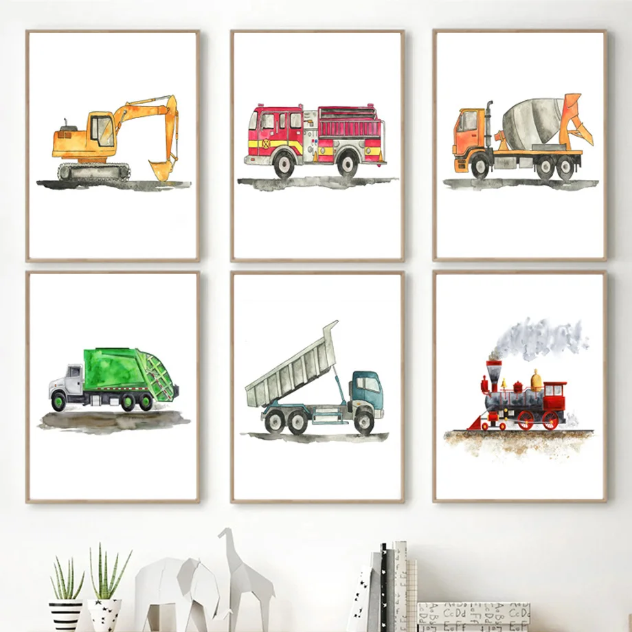 Watercolor Construction Vehicle Wall Art Canvas Poster Print Excavator Truck Dump Truck Steam Train Boys Kids Room Nursery Decor