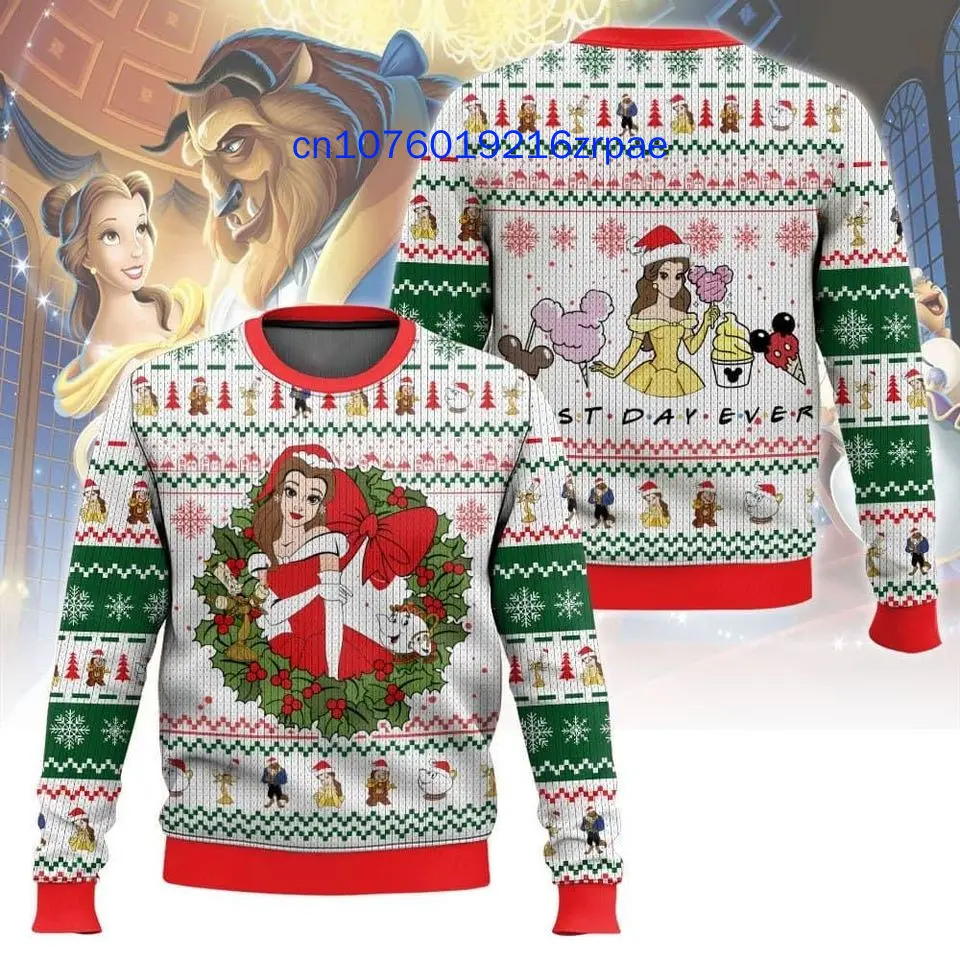 Disney Princess Belle Christmas Sweater Men's Women's 3d Print Ugly Sweater Disney Belle Princess Ugly Christmas Sweater Tops