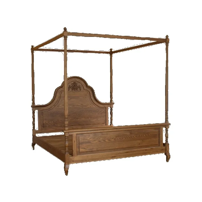 American country oak carved bed retro pastoral style homestay solid wood shelf bed with sensor light single double bed