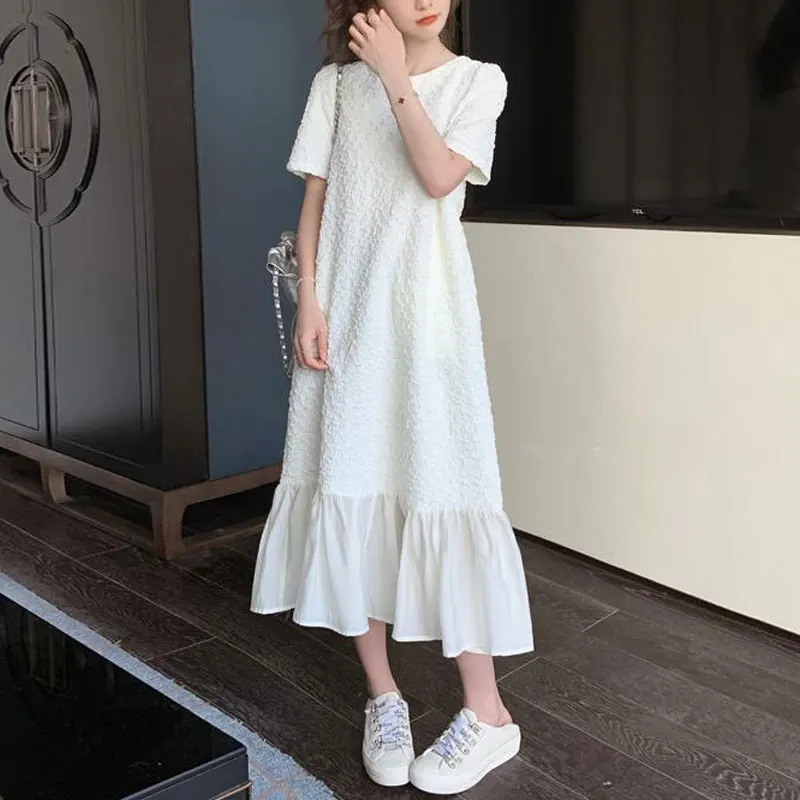 

Women's Clothing Solid Color Dresses Casual Gauze Patchwork Summer O-Neck Fashionable Jacquard Weave Loose Straight Long Dress