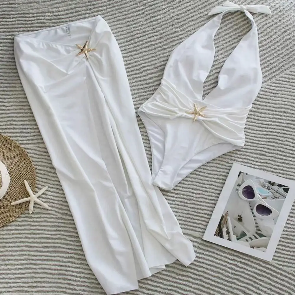 

2Pcs/Set Fashion Summer Backless Swimsuit Set V Neck Polyester Bathing Suit Beachwear Casual Women Swimwear Holiday