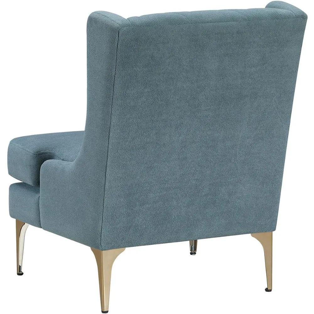 كرسي شانيل أزرق أنيق حديث مع أرجل معدنية ذهبية وخياطة ماسية