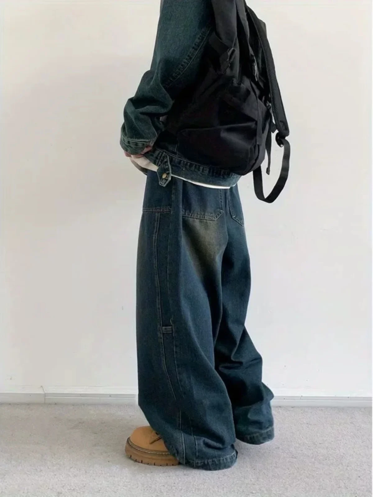 

Японские джинсовые длинные брюки в стиле ретро, мужские свободные прямые брюки с завышенной талией, винтажные элитные брюки для рабочей одежды