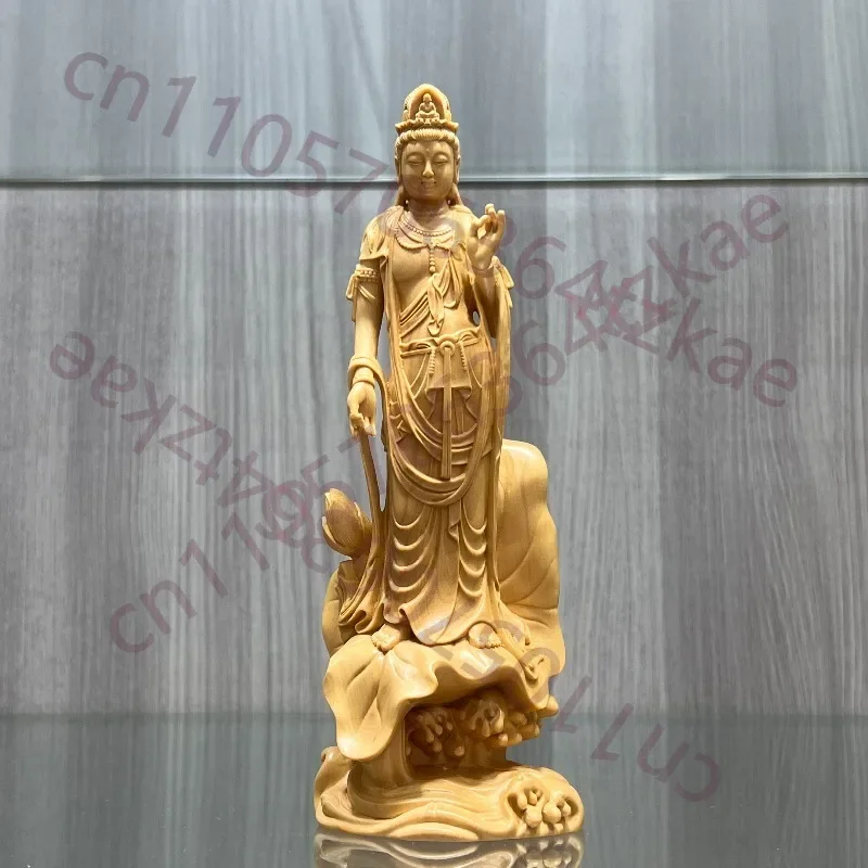 Hand-Carved Boxwood Guanyin Statue - 7.9