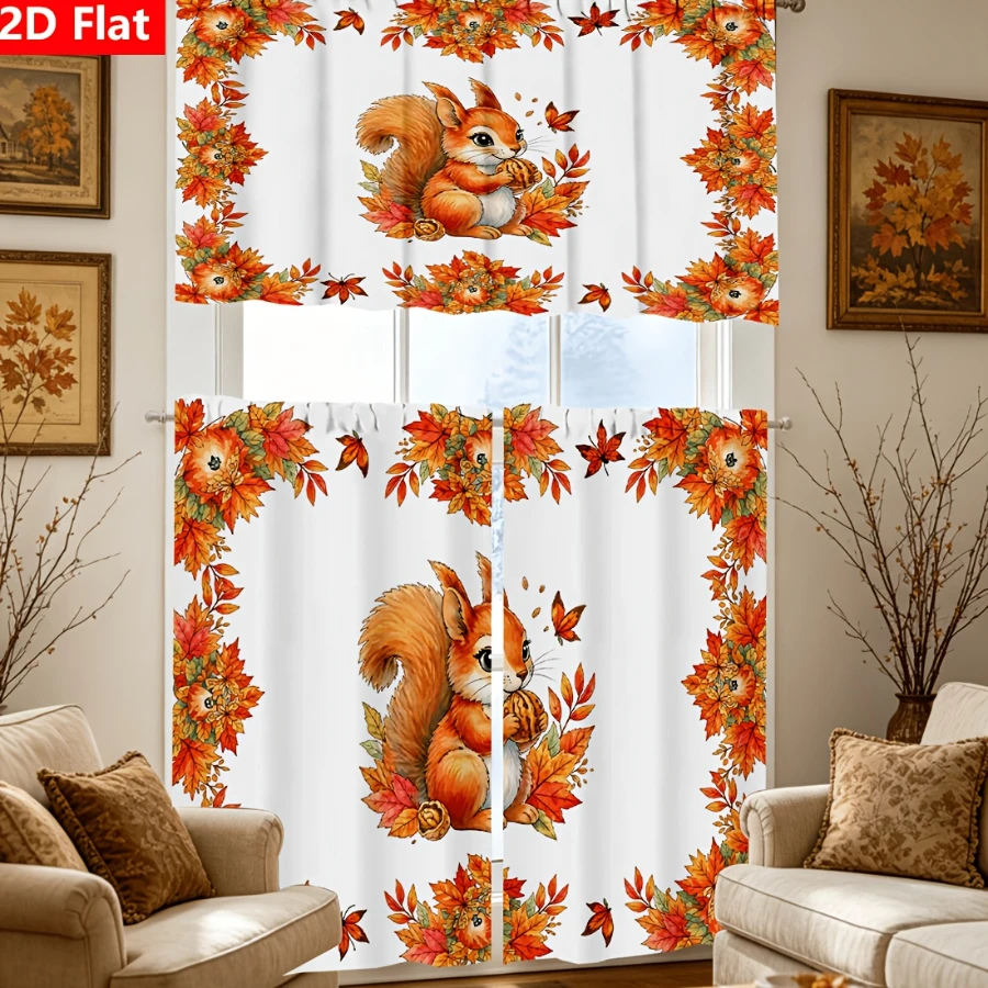  Fall Squirrel Maple Leaf Border Kitchen Curtain, Cute Autumn Animal Thanksgiving Window Treatment for Kitchen Kids Room