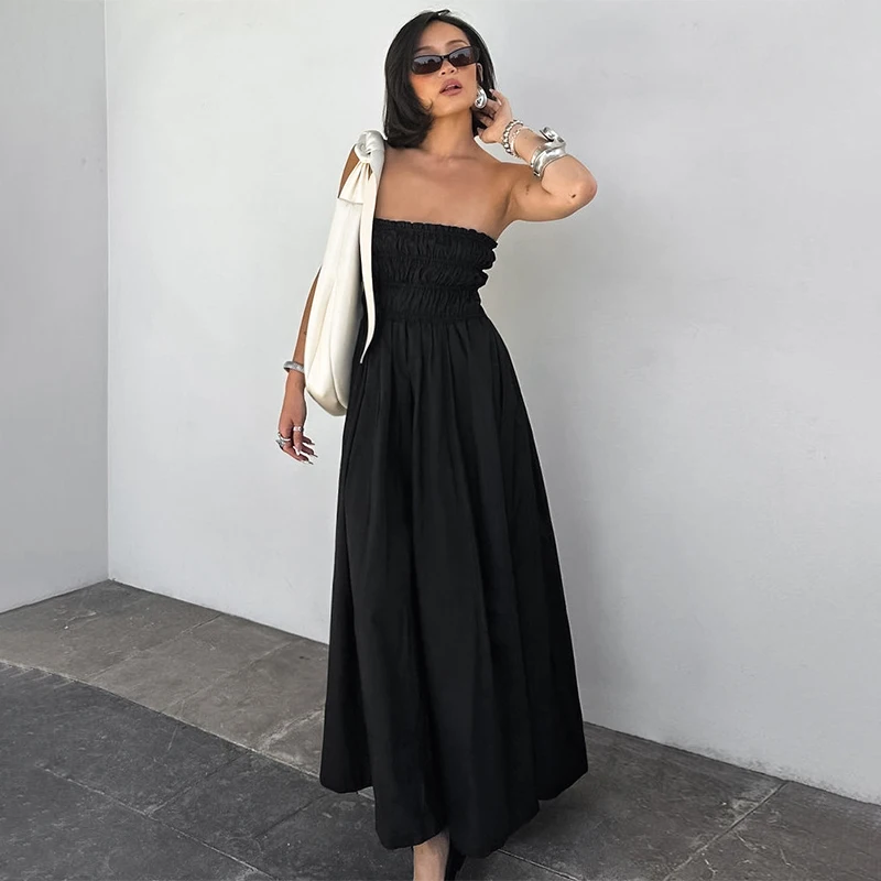 Лето 2022, черное складное платье без бретелек, женское элегантное темпераментное потертое платье, новая вечерняя вечеринка, сексуальная туника с открытой спиной Лето 2022, черное складное платье без бретелек, женское элегантное темпераментное потертое платье, новая вечерняя вечеринка, сексуальная туника с открытой спиной