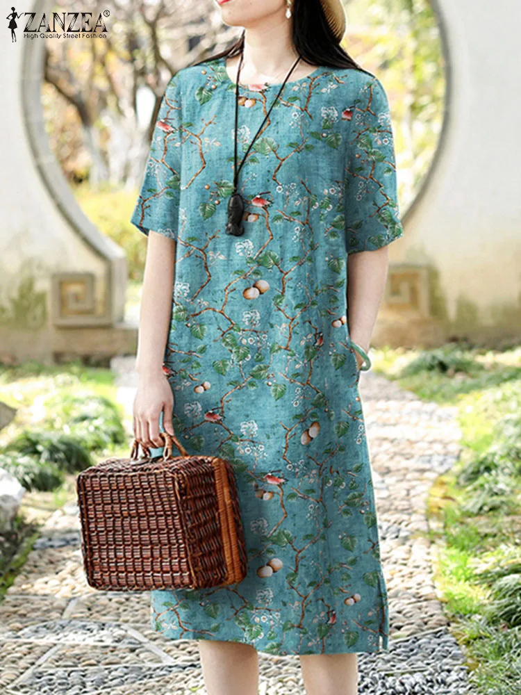 

ZANZEA Summer Bohemian Vintage Holiday Floral Printed Sundress Robe Femme Women Vestido Short Sleeve Beach Midi Dress Kaftan