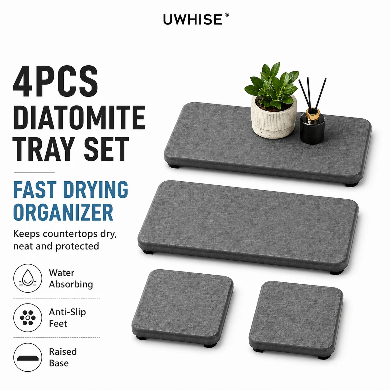 Uwhise 4Pcs Diatomite Sink Organizer Tray Fast Drying Diatomaceous Earth Mat For Bathroom Soap Dispenser Vanity
