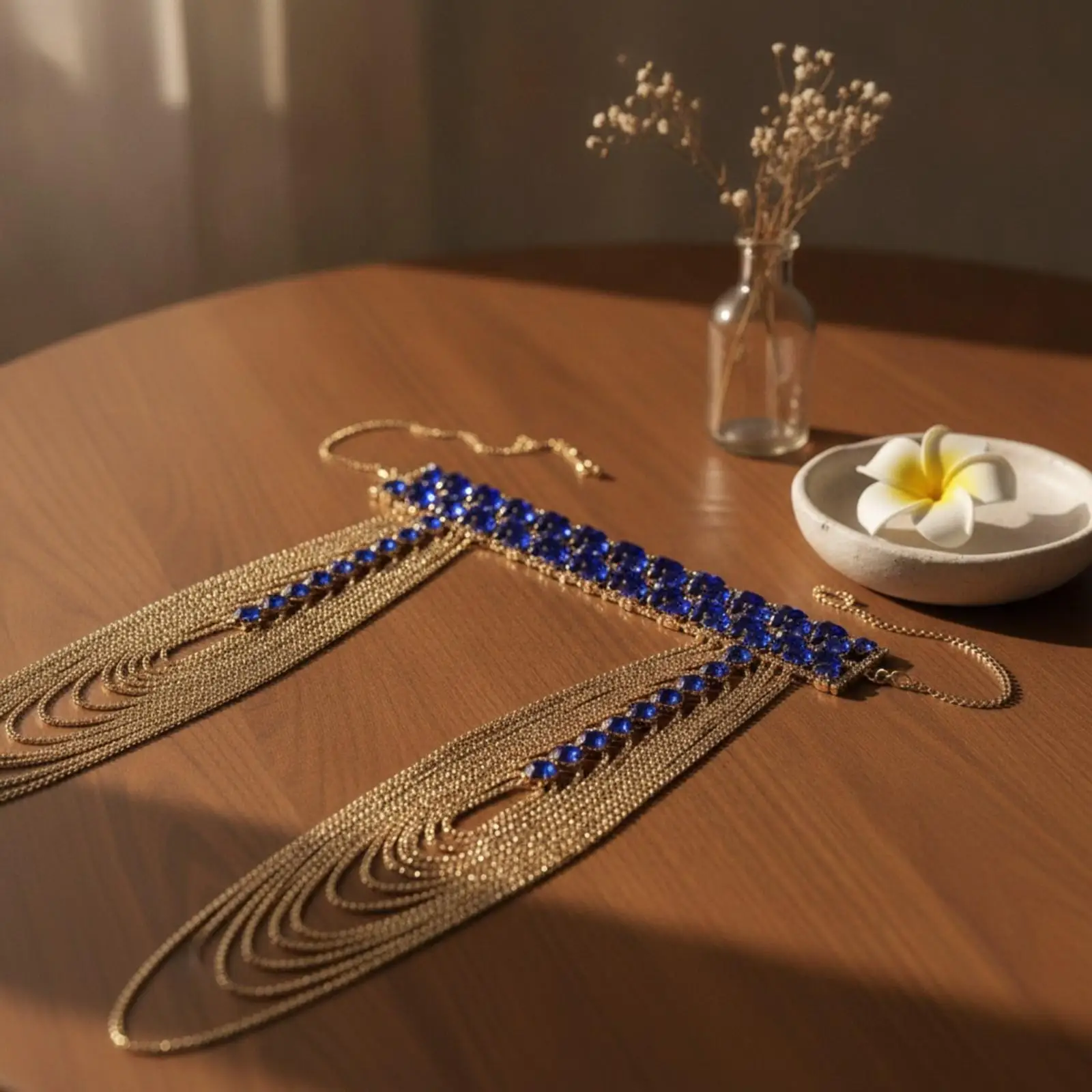 Elegant Women Shoulder Chain Rhinestone Accent Blue Stone Panel Copper Material Cascading Tassel for Formal Event Styling - view 5