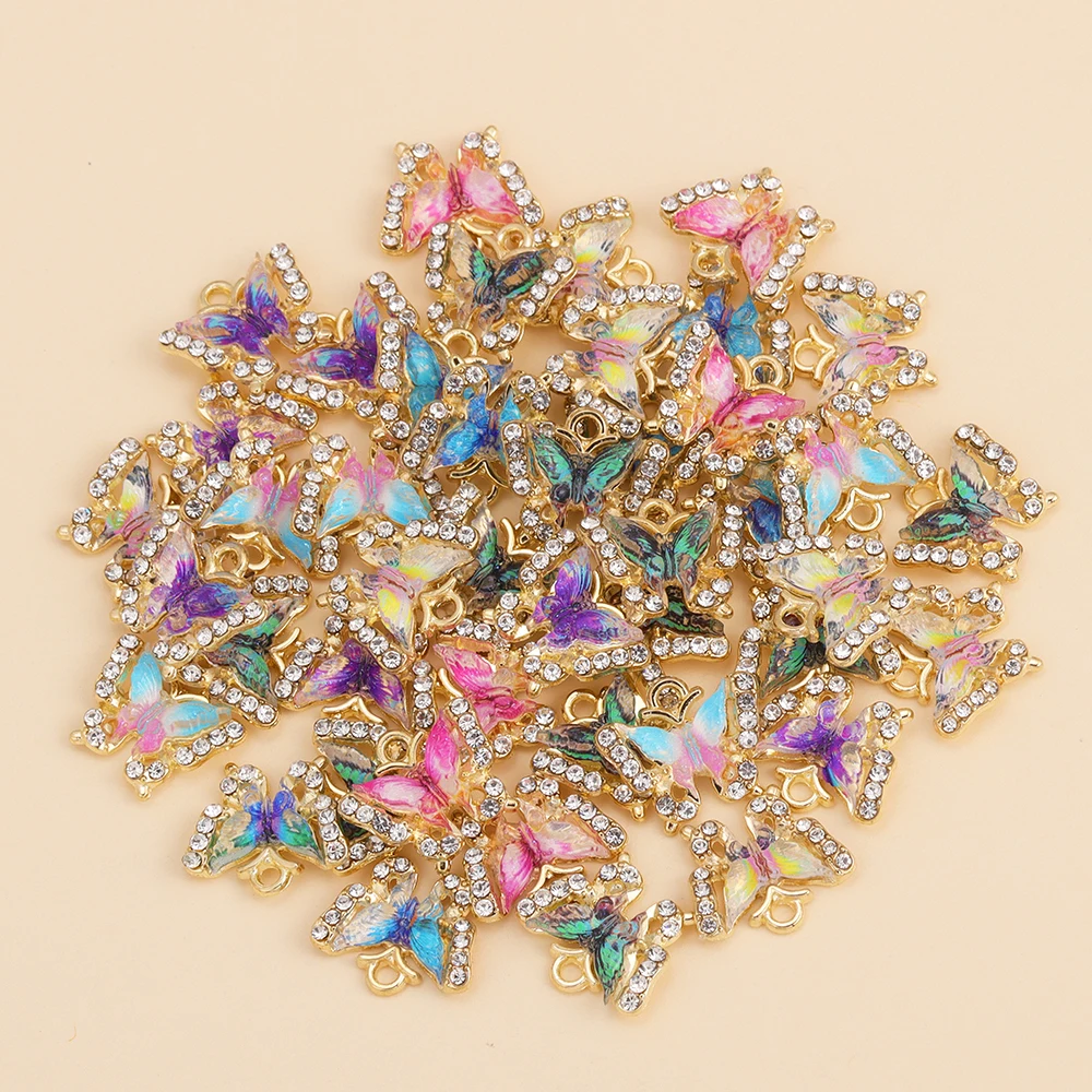 10Pcs RhinestoneColourful Crystal Butterfly Pendant for Jewelry Making Supplies DIY Cute Necklace Earrings Charms Accessories