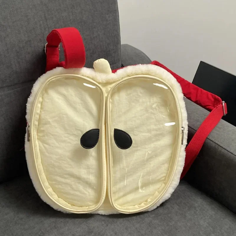 Y2K Red Apple Plush Itabag Kawaii Versatile Shoulder Bag Large Capacity Student Contrast Zipper Commuter Backpack Female New