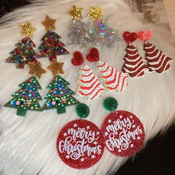 Glitter Colorful Christmas Tree Earrings for Women New Trendy Star Round Acrylic Stud Earring Xmas Party Jewelry Gifts